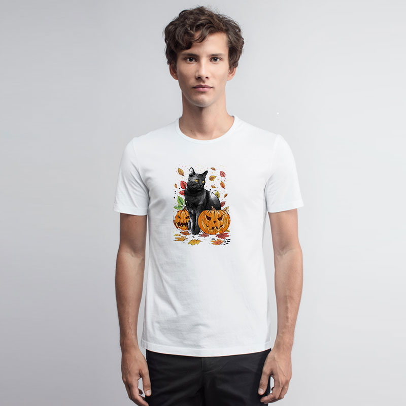 Cat Leaves and Pumpkins T Shirt